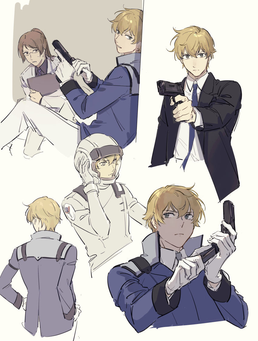 2boys absurdres against_wall aiming billy_katagiri black_jacket blonde_hair blue_jacket brown_eyes brown_hair closed_mouth collared_shirt commentary_request from_behind gloves graham_aker green_eyes grey_necktie gun gundam gundam_00 hair_between_eyes hand_on_helmet hand_on_own_hip handgun hands_on_own_hips hat highres holding holding_clothes holding_gun holding_hat holding_magazine_(weapon) holding_weapon jacket lapels long_sleeves looking_ahead looking_at_viewer looking_to_the_side magazine_(weapon) multiple_boys nanao_parakeet necktie open_mouth pants parted_bangs parted_lips pilot_helmet pilot_suit ponytail purple_necktie reloading shirt short_hair suit upper_body v-shaped_eyebrows very_short_hair weapon white_gloves white_helmet white_jacket white_pants white_shirt white_suit