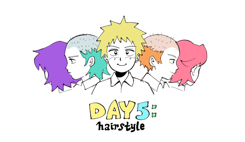 1boy bald blonde_hair closed_mouth collared_shirt commentary english_commentary english_text green_hair hanazawa_teruki highres kyokyeo looking_at_viewer male_focus mob_psycho_100 multiple_views orange_hair pink_hair purple_hair shirt short_hair simple_background smile white_background