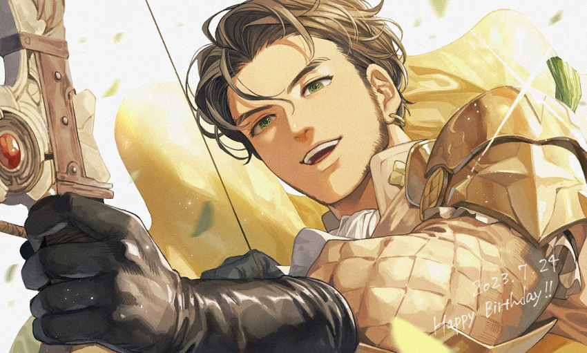 1boy armor black_gloves bow_(weapon) brown_hair cape claude_von_riegan commentary_request dated earrings english_text facial_hair fire_emblem fire_emblem:_three_houses gloves green_eyes happy_birthday holding holding_bow_(weapon) holding_weapon jewelry male_focus open_mouth sawaponu3 short_hair shoulder_armor solo teeth upper_teeth_only weapon white_background yellow_cape