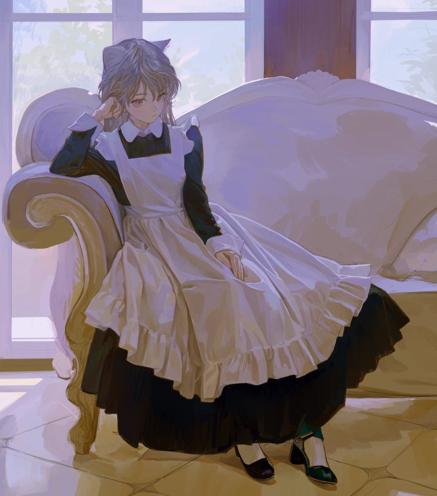 1girl animal_ear_fluff animal_ears feiqizi_(fkey) fkey hand_on_own_head highres indoors long_sleeves looking_at_viewer maid mary_janes original shoes violet_eyes window