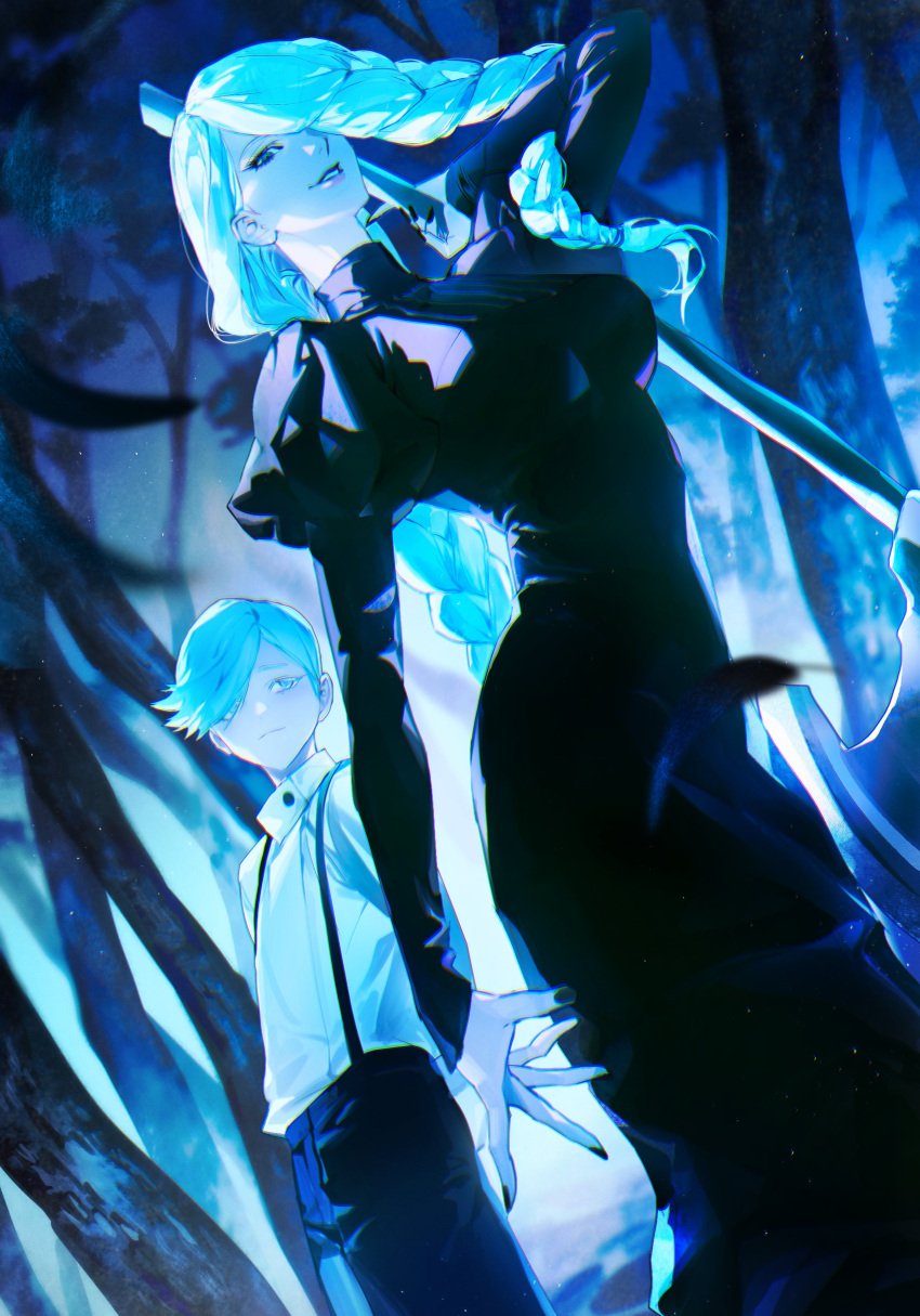 1boy 1girl absurdres arm_up black_dress black_nails black_pants blue_eyes blue_hair blue_theme braid brother_and_sister closed_mouth cowboy_shot dress hair_over_one_eye highres holding holding_polearm holding_weapon jujutsu_kaisen juliet_sleeves long_hair long_sleeves looking_at_viewer mei_mei_(jujutsu_kaisen) mgmg_1012 pants parted_lips polearm puffy_sleeves shirt short_hair siblings smile standing suspenders tree twin_braids ui_ui_(jujutsu_kaisen) weapon white_shirt