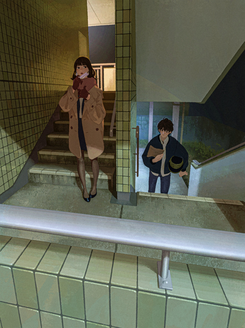 1boy 1girl absurdres apartment atmospheric_perspective black_pantyhose blazer blunt_bangs brown_coat building coat copyright_request denim flats fujimoto_gold gloves highres jacket jeans mask open_clothes open_jacket outdoors pants pantyhose pencil_skirt railing scarf shirt skirt stairs tile_wall tiles trench_coat white_shirt