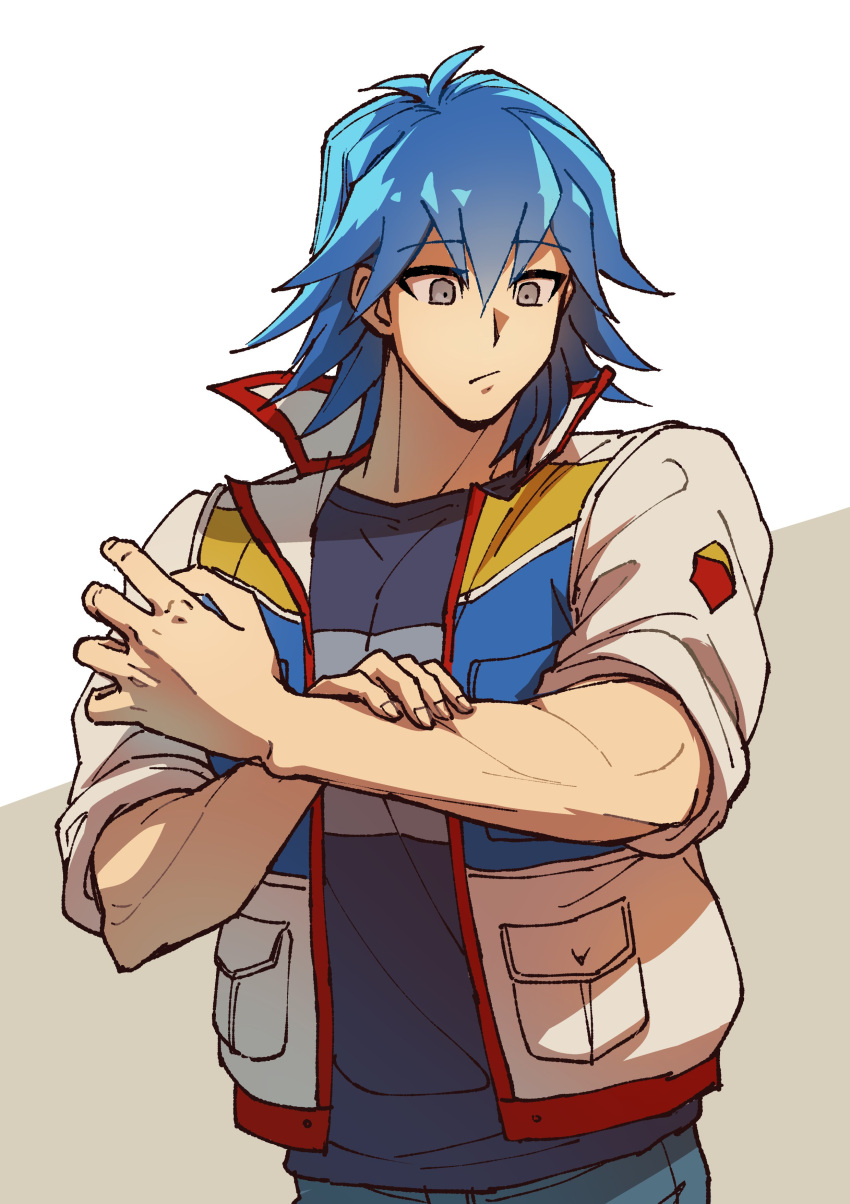 1boy absurdres blue_hair blue_shirt bruno_(yu-gi-oh!) cropped_torso denim facing_viewer grey_eyes hand_on_own_arm hand_up highres jacket jeans light_frown looking_down male_focus open_clothes open_jacket pants raised_eyebrows shirt short_hair simple_background sleeves_rolled_up solo t-shirt two-tone_background white_jacket youko-shima yu-gi-oh! yu-gi-oh!_5d's
