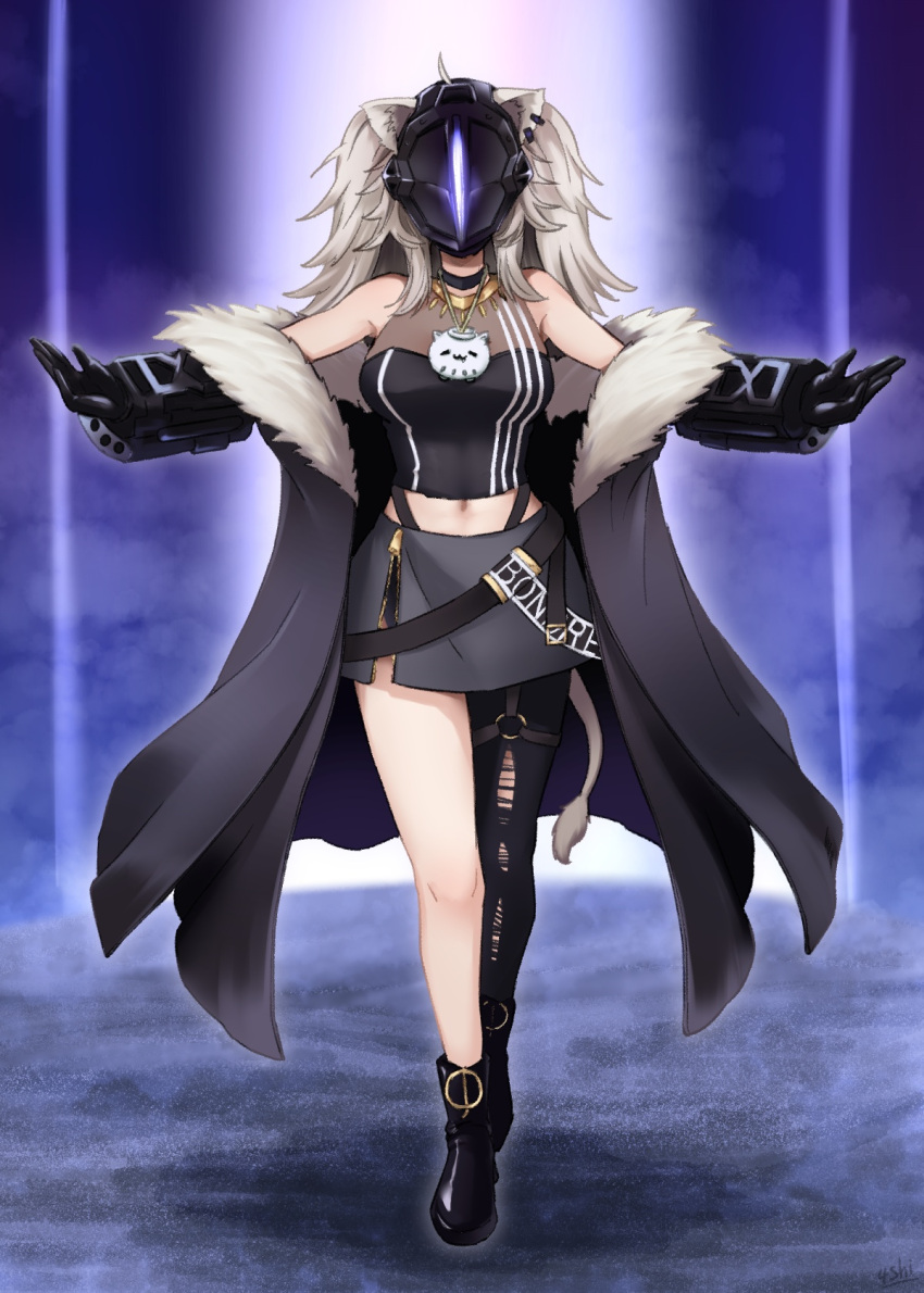 1girl 4shi animal_ears belt black_choker black_coat black_footwear black_gloves bondrewd bondrewd_(cosplay) boots breasts choker coat commentary_request cosplay full_body fur-trimmed_coat fur_trim gloves grey_hair highres hololive jewelry large_breasts lion_ears lion_girl lion_tail made_in_abyss mask miniskirt navel outstretched_arms pendant shishiro_botan single_thighhigh skirt solo ssrb_(shishiro_botan) tail thigh-highs torn_clothes torn_thighhighs virtual_youtuber