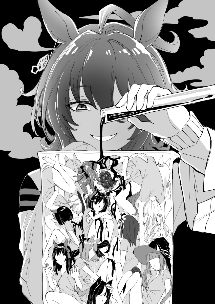 6+girls agnes_tachyon_(umamusume) ahoge animal_ears barefoot beaker bouquet ear_covers earrings faceless faceless_female greyscale hairband hand_up hat heart highres horse_ears horse_girl horse_tail jewelry long_hair long_sleeves mini_person minigirl monochrome multiple_girls nayuta_ggg open_mouth pouring short_hair single_earring sitting smile smoke solo_focus sweater tail test_tube umamusume witch_hat