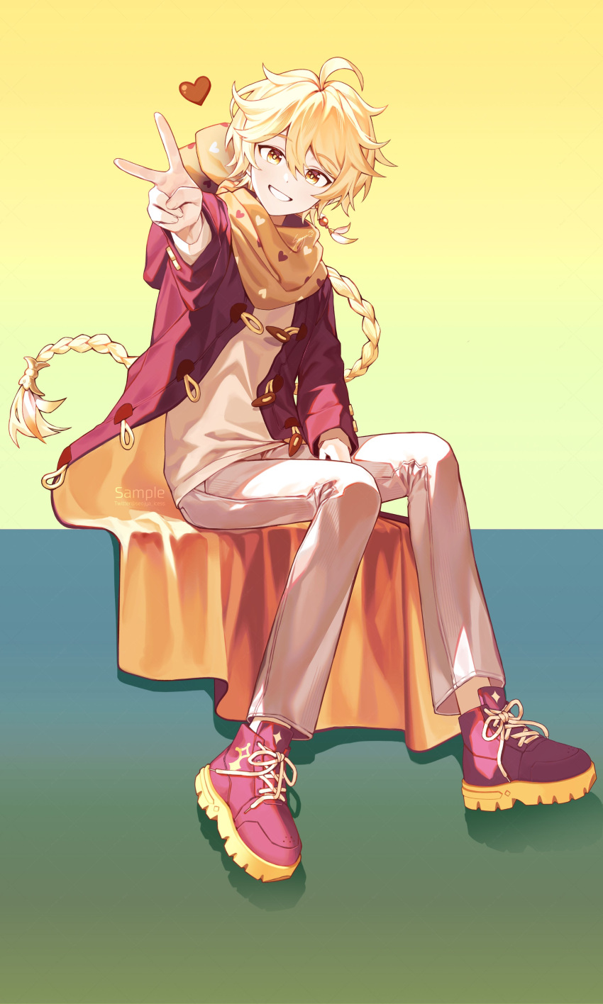 1boy absurdres aether_(genshin_impact) alternate_costume blonde_hair braid earrings genshin_impact heart highres ice_s_s_z jacket jewelry long_hair long_sleeves male_focus pants red_footwear red_jacket scarf shirt shoes sitting smile sneakers solo v white_pants yellow_eyes yellow_scarf yellow_shirt