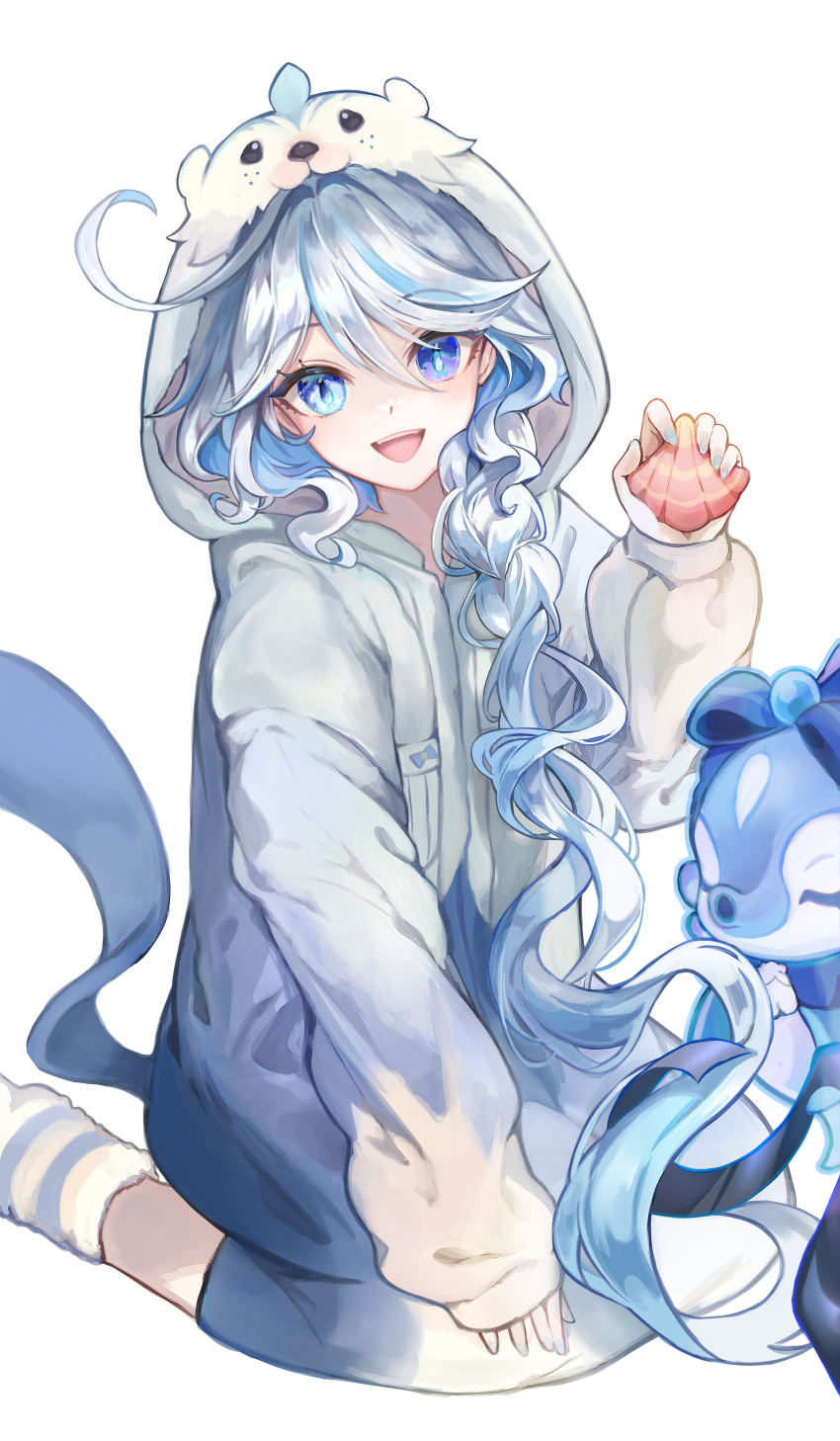 1girl :d absurdres alternate_costume blue_eyes blue_pajamas braid braided_ponytail bubbly_seahorse_(genshin_impact) commentary_request foot_out_of_frame furina_(genshin_impact) genshin_impact heterochromia highres holding holding_shell leisurely_otter_(genshin_impact) long_hair long_sleeves looking_at_viewer open_mouth pajamas seashell seiza shell simple_background sitting smile socks striped striped_socks uli_(bredkgod) white_background