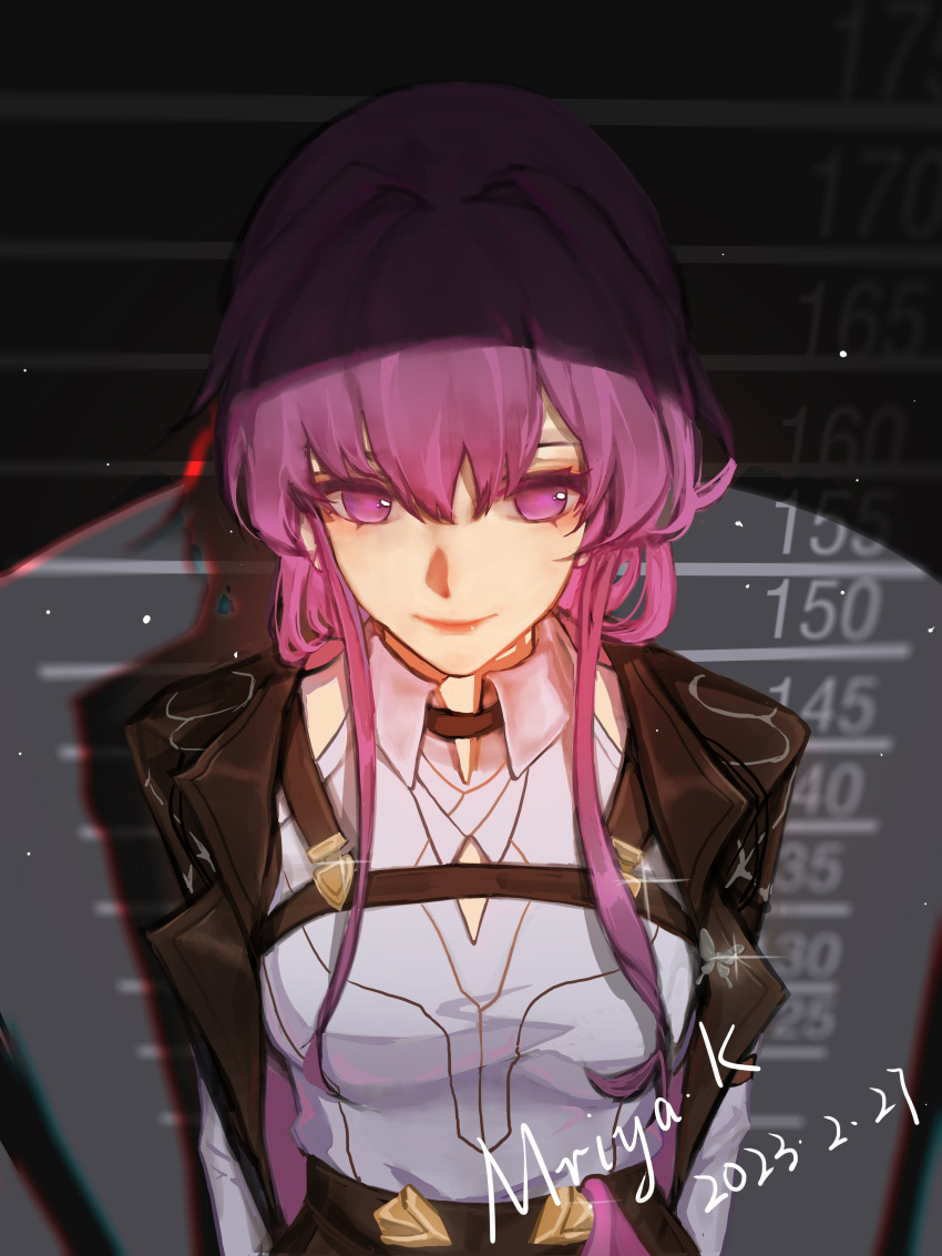 1girl absurdres black_jacket chest_harness chinese_commentary collared_shirt commentary dated from_above hair_between_eyes hair_intakes harness height_chart highres honkai:_star_rail honkai_(series) jacket kafka_(honkai:_star_rail) lapel_pin lapels light_particles light_smile lips mriyak notched_lapels open_clothes open_jacket purple_hair shirt short_hair_with_long_locks signature solo spotlight upper_body violet_eyes white_shirt