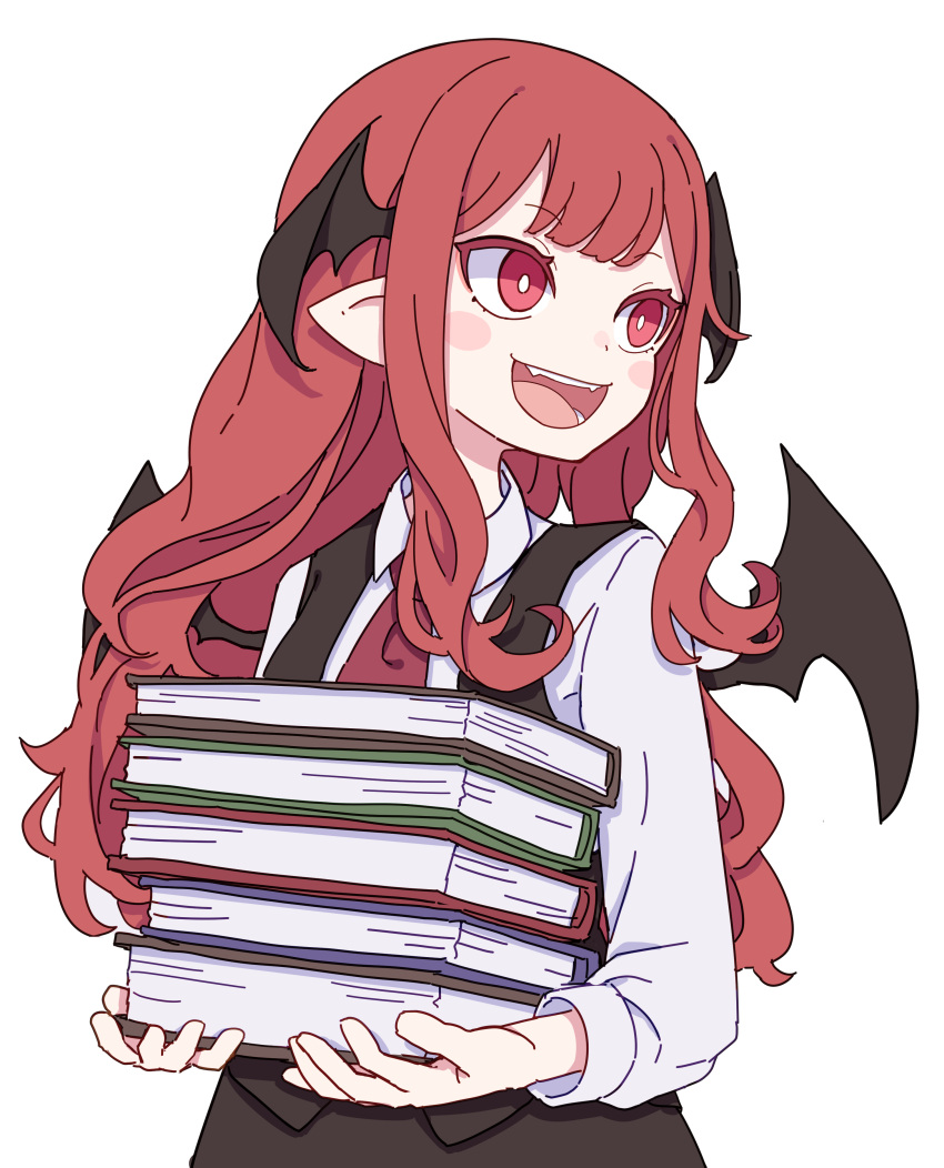 1girl absurdres black_skirt black_vest black_wings blush blush_stickers book collared_shirt demon_wings head_wings highres holding holding_book kame_(kamepan44231) koakuma long_hair long_sleeves necktie one-hour_drawing_challenge open_mouth pointy_ears red_eyes red_necktie redhead shirt simple_background skirt smile solo touhou upper_body vest white_background white_shirt wings