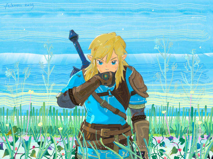 1boy abstract_background arm_guards armor belt blonde_hair blue_eyes blue_sky blue_tunic champion's_tunic_(zelda) dirty dirty_clothes dirty_face feleven field flower flower_field greaves highres link long_hair male_focus master_sword pauldrons pointy_ears scuffed shoulder_armor single_pauldron sky solo star_(sky) the_legend_of_zelda the_legend_of_zelda:_tears_of_the_kingdom