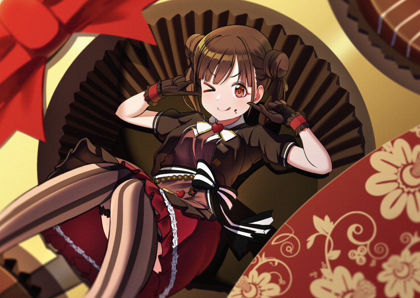 &gt;_o 1girl black_gloves black_shirt blurry blush bow bowtie breasts brooch brown_hair brown_thighhighs chocolate chocolate_on_face depth_of_field dot_nose double_bun dress_bow food food_on_face frilled_skirt frilled_thighhighs frills gloves hair_bun heart heart_brooch highres idolmaster idolmaster_shiny_colors jewelry knees_up large_breasts long_hair looking_at_viewer one_eye_closed osoba_susurukun pleated_skirt polka_dot red_eyes red_ribbon red_skirt ribbon shirt short_sleeves sitting skirt smile solo sonoda_chiyoko striped striped_thighhighs thigh-highs tongue tongue_out twintails two-tone_bow v-shaped_eyebrows white_bow white_bowtie