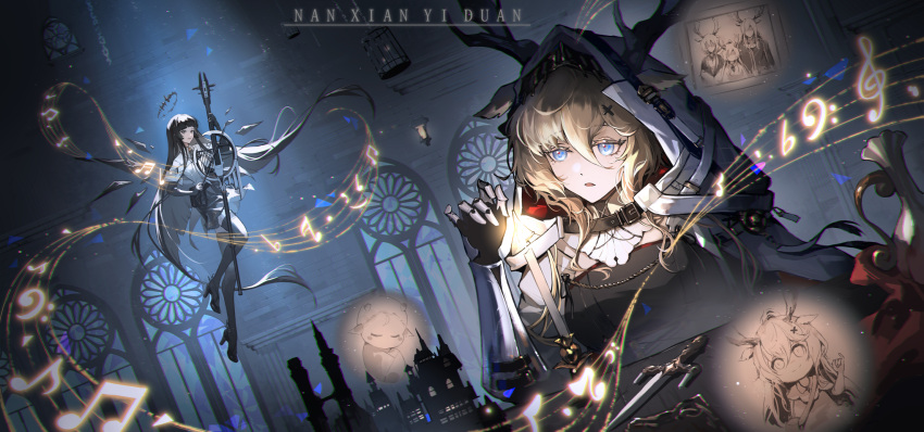 2girls animal_ears antlers arknights bass_clef beamed_eighth_notes black_hair black_shirt black_thighhighs black_wings blonde_hair blue_eyes candle candlestand cape cathedral dark_halo deer_antlers deer_ears deer_girl detached_wings eighth_note energy_wings fire floating gauntlets hair_between_eyes hair_ornament halo hand_up highres indoors jug_(bottle) knife long_hair multiple_girls musical_note nanxianyiduan night parted_lips picture_(object) picture_frame shirt sixteenth_note spotlight staff_(music) thigh-highs very_long_hair virtuosa_(arknights) viviana_(arknights) white_cape white_shirt window wings x_hair_ornament