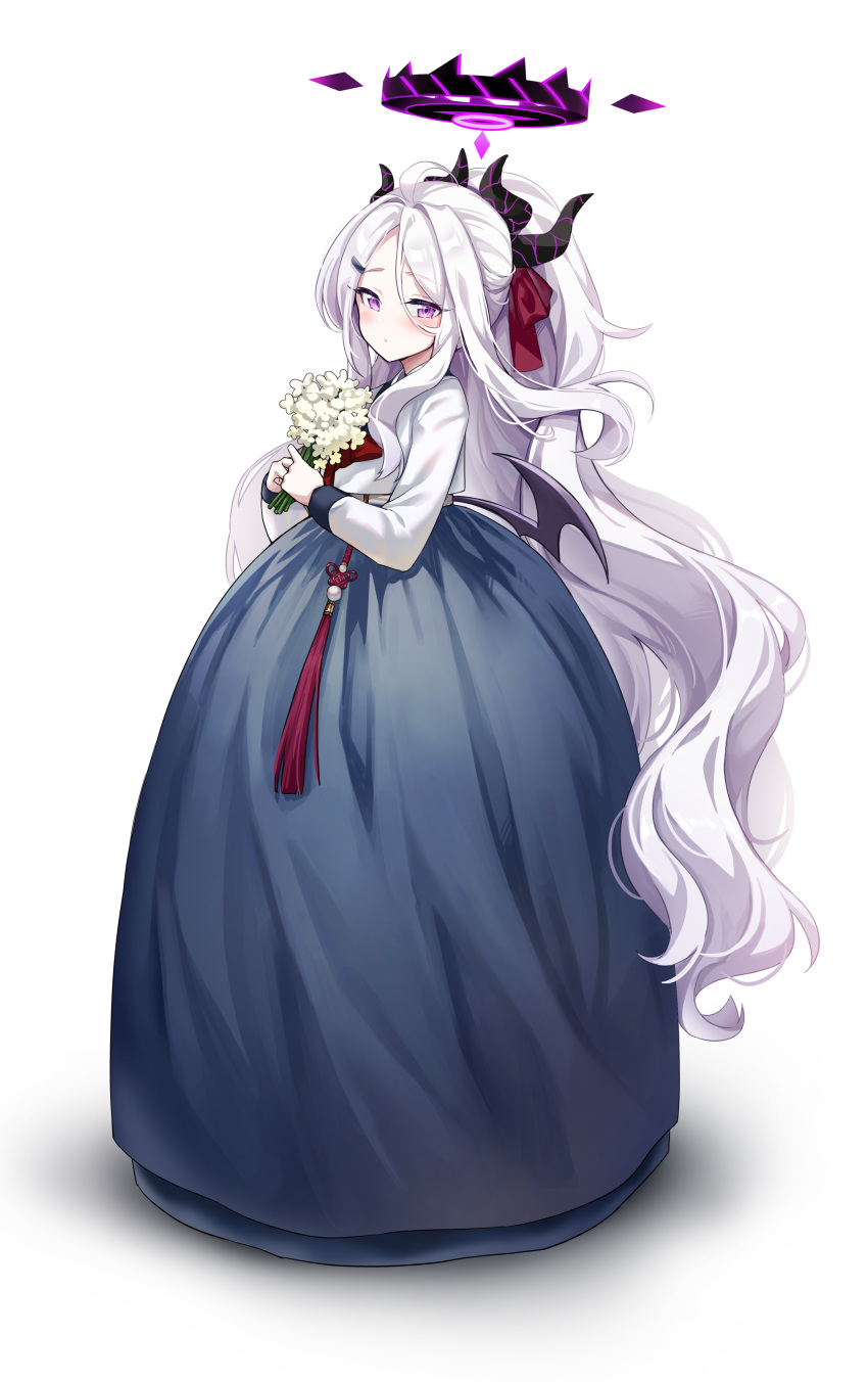 1girl absurdres black_horns black_wings blue_archive blush chima_(clothes) closed_mouth demon_horns demon_wings flower full_body halo hanbok highres hina_(blue_archive) holding horns korean_clothes long_hair long_sleeves looking_at_viewer multiple_horns picter simple_background solo very_long_hair violet_eyes white_background white_flower white_hair wings