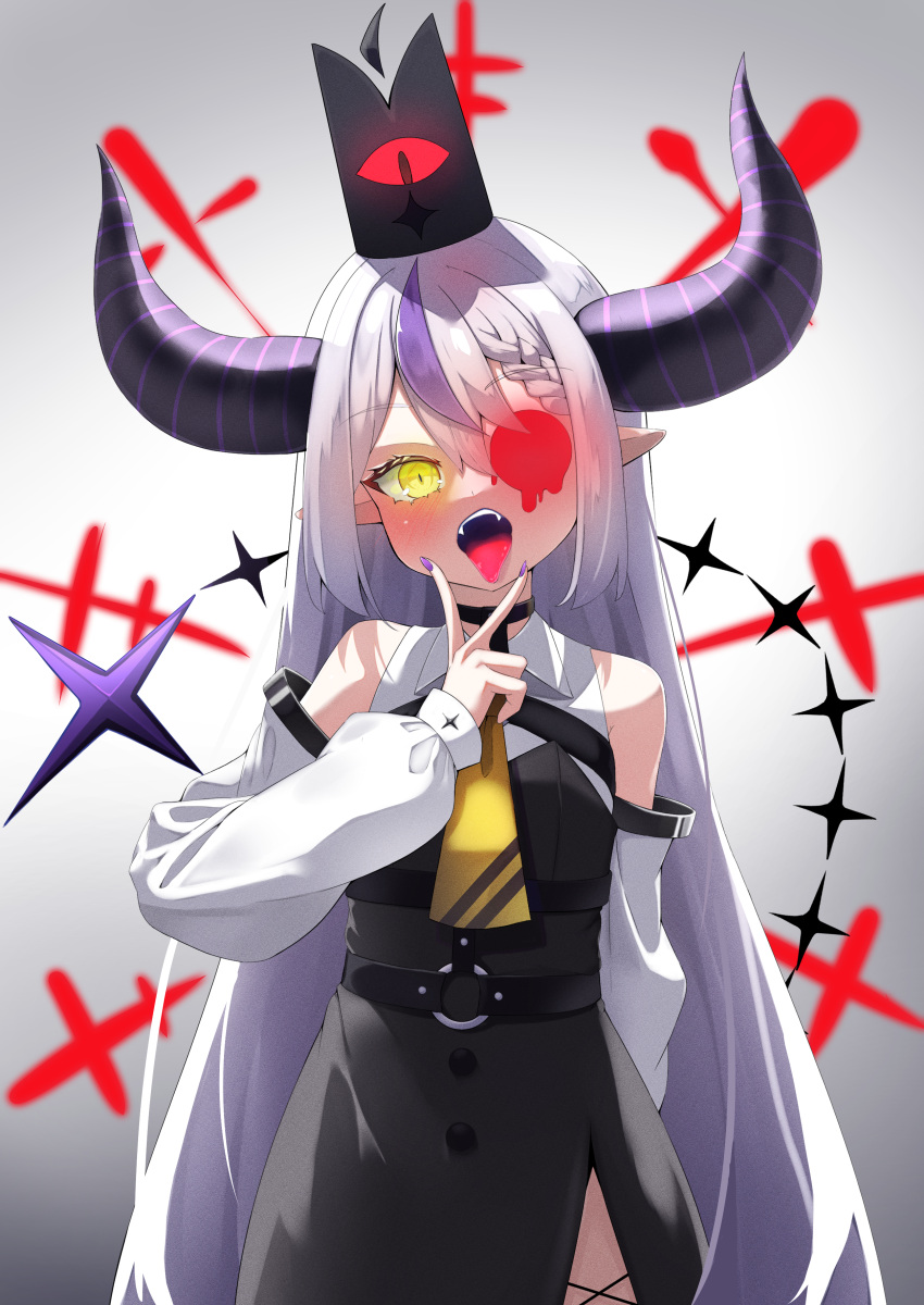 absurdres ahoge ascot bare_shoulders black_horns braid braided_bangs collar detached_sleeves grey_hair highres hololive horns kamaboko_(kmm15a) la+_darknesss metal_collar multicolored_hair one_eye_covered pointy_ears purple_hair streaked_hair striped_horns tongue tongue_out virtual_youtuber yellow_eyes