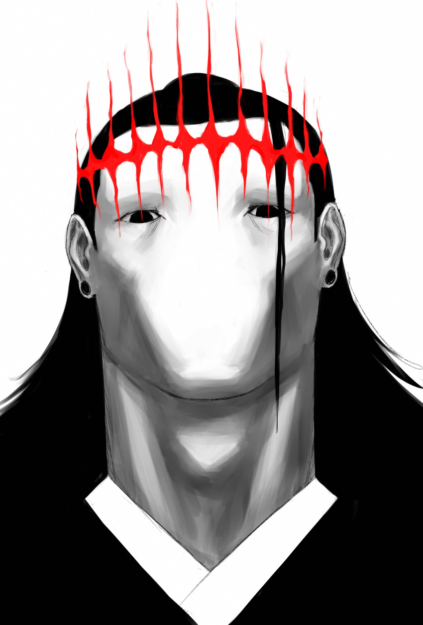 1boy absurdres creepy_eyes geto_suguru geto_suguru_(kenjaku) greyscale highres horror_(theme) jujutsu_kaisen kenjaku long_hair looking_ahead looking_at_viewer male_focus monochrome no_mouth no_pupils outofuniform510 portrait simple_background solo spot_color straight-on white_background