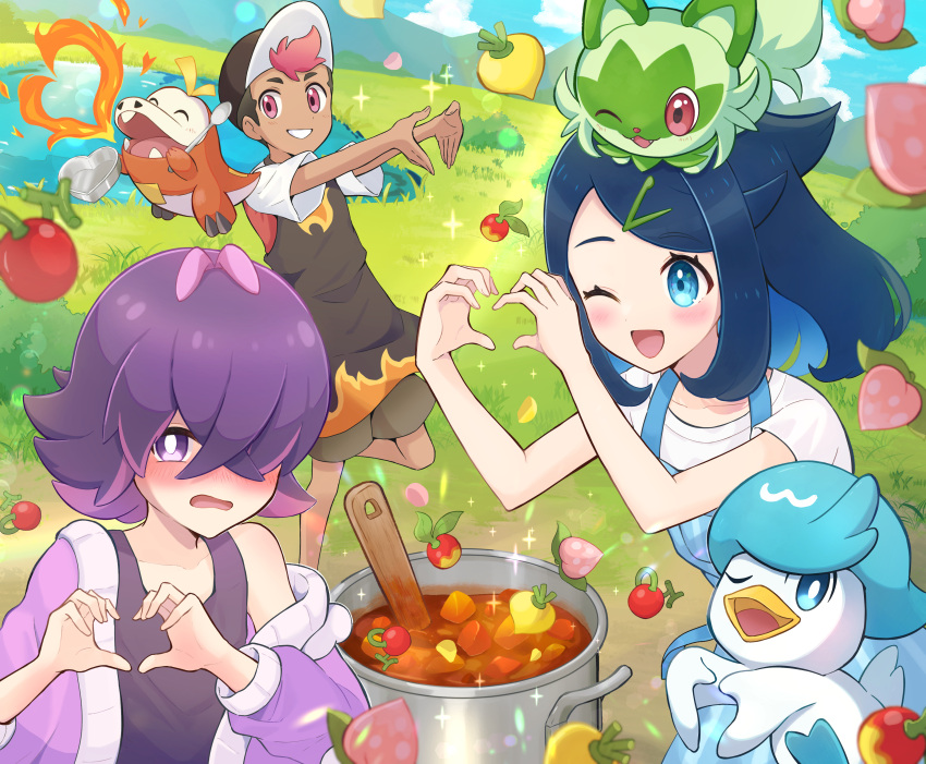 1boy 2girls ;d absurdres apron berry_(pokemon) blue_apron blue_eyes blush bright_pupils commentary_request cooking_pot cowlick curry day dot_(pokemon) eyelashes fire food fuecoco grass grin hair_over_one_eye haru_(haruxxe) heart heart_hands highres liko_(pokemon) multiple_girls off_shoulder one_eye_closed open_mouth outdoors pink_eyes pokemon pokemon_(anime) pokemon_horizons purple_hair quaxly roy_(pokemon) shirt short_sleeves sleeveless sleeveless_shirt smile sprigatito t-shirt teeth violet_eyes water white_pupils white_shirt