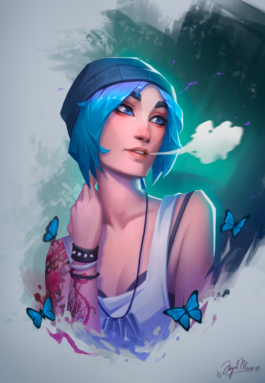 1girl absurdres angelmoonlight arm_tattoo beanie black_bra black_headwear blue_butterfly blue_eyes blue_hair bra bra_strap breasts breath bug butterfly chloe_price hand_on_own_neck hat highres jewelry life_is_strange looking_to_the_side medium_hair necklace shoulder_tattoo signature small_breasts solo tank_top tattoo underwear upper_body white_tank_top