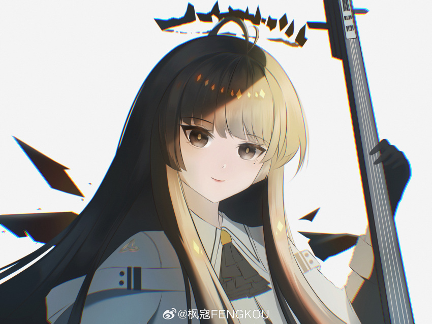 1girl absurdres antenna_hair arknights artist_name ascot belt belt_buckle black_ascot black_eyes black_gloves black_hair black_halo black_shirt black_wings blunt_bangs bright_pupils broken_halo buckle cello chinese_commentary chinese_text chromatic_aberration close-up closed_mouth collared_jacket commentary_request dark_halo detached_wings dot_nose energy_wings eyelashes fengkou film_grain from_side gloves halo hand_up highres hime_cut holding holding_instrument holding_violin instrument jacket light_smile lips lipstick long_hair long_sleeves looking_at_viewer looking_to_the_side makeup pale_skin portrait red_lips shade shirt sidelighting sidelocks simple_background solo violin virtuosa_(arknights) watermark weibo_logo weibo_username white_background white_belt white_jacket white_pupils wing_collar wings