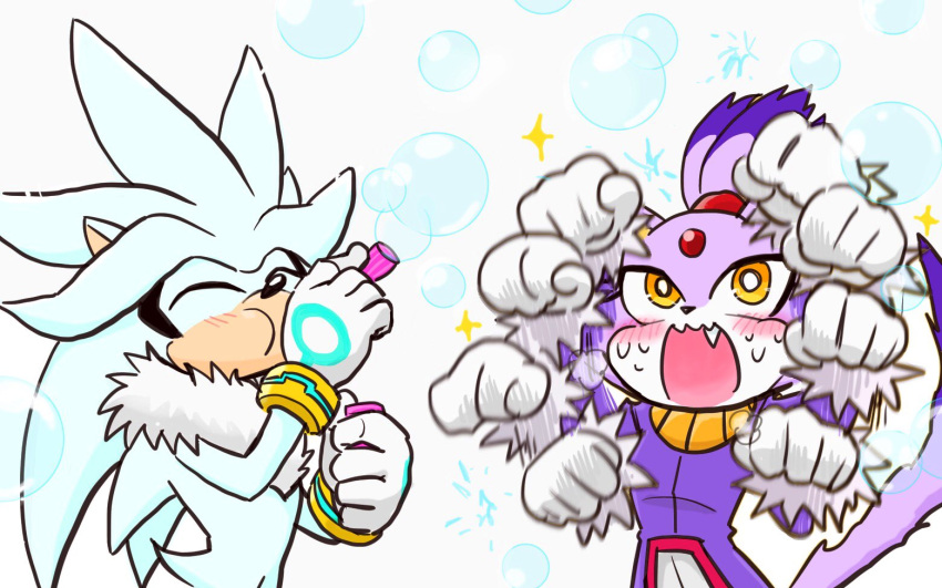 1boy 1girl blaze_the_cat blush bubble_blowing closed_eyes fang gloves silver_the_hedgehog sonic_(series) white_gloves yellow_eyes yotsumeddd