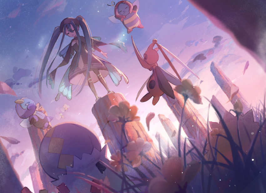 1girl :o absurdres anzu_(v0_0v_o0) blurry blurry_foreground bug_miku_(project_voltage) clouds commentary_request dress falling_petals flower from_below grass hair_between_eyes hat hatsune_miku highres illumise kricketune long_sleeves necktie open_mouth outdoors pantyhose petals pillar pokemon pokemon_(creature) project_voltage ribombee shoes sky spewpa standing twintails vocaloid volbeat yellow_flower