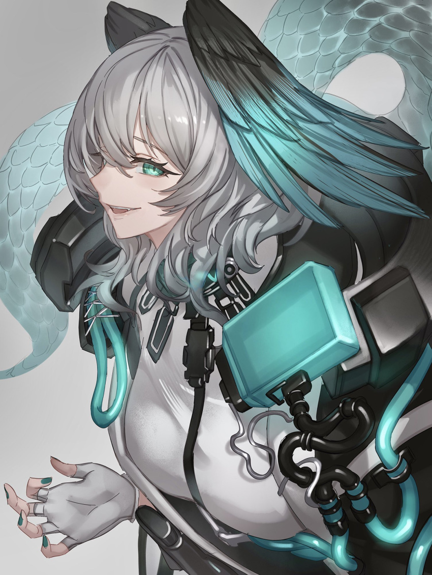 1girl aqua_wings arknights black_wings blue_eyes blue_nails breasts commentary_request feathered_wings fingerless_gloves gloves glowing gradient_background grey_background grey_hair hair_between_eyes head_wings highres ho'olheyak_(arknights) infection_monitor_(arknights) large_breasts lips long_hair looking_at_viewer makai_no_juumin open_mouth slit_pupils smile solo teeth tube two-tone_wings upper_teeth_only wings