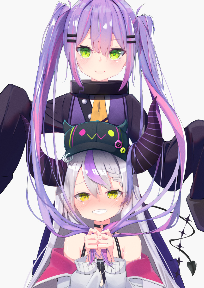 2girls absurdres ahoge ascot bare_shoulders black_horns braid braided_bangs choker collar cosplay costume_switch fake_horns green_eyes grey_hair highres holding_another's_hair hololive horned_headwear horns kamaboko_(kmm15a) la+_darknesss metal_collar multicolored_hair multiple_girls o-ring o-ring_choker pointy_ears purple_hair streaked_hair striped_horns tokoyami_towa twintails virtual_youtuber yellow_eyes