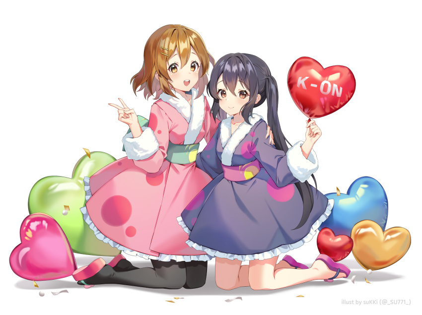 2girls :d balloon black_hair black_kimono black_pantyhose blush brown_eyes brown_hair closed_mouth commentary cute_took english_commentary full_body hair_between_eyes hair_ornament hairclip heart_balloon highres hirasawa_yui japanese_clothes k-on! kimono kneeling long_hair long_sleeves looking_at_viewer multiple_girls nakano_azusa no_legwear pantyhose pink_footwear pink_kimono red_footwear sandals short_hair sidelocks simple_background smile teeth twintails upper_teeth_only v white_background