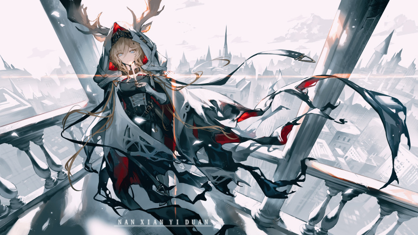 1girl animal_ears antlers antlers_through_hood architecture arknights balcony black_dress blonde_hair blue_eyes castle chinese_commentary cloak clouds commentary_request deer_antlers deer_ears deer_girl dress ears_through_hood full_body gauntlets grey_sky highres hood hooded_cloak lens_flare long_hair looking_at_viewer nanxianyiduan outdoors railing sidelocks sky solo torn_cloak torn_clothes viviana_(arknights) white_cloak