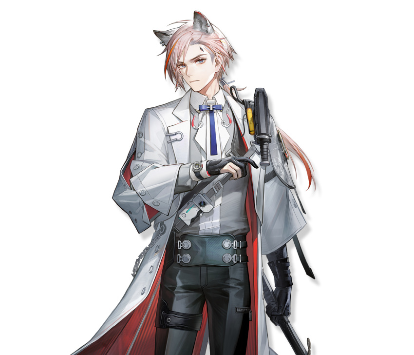 1boy animal_ears arknights arknights:_endfield belt black_gloves black_pants blue_eyes blue_necktie character_name coat collared_shirt company_name copyright_name fjall_(arknights) gloves grey_vest holding holstered knife long_sleeves looking_at_viewer low_ponytail male_focus multicolored_hair necktie official_art open_clothes open_coat oripathy_lesion_(arknights) pants partially_fingerless_gloves pink_hair ponytail redhead shirt short_hair_with_long_locks solo standing streaked_hair tail transparent_background vest white_coat white_shirt wolf_boy wolf_ears wolf_tail