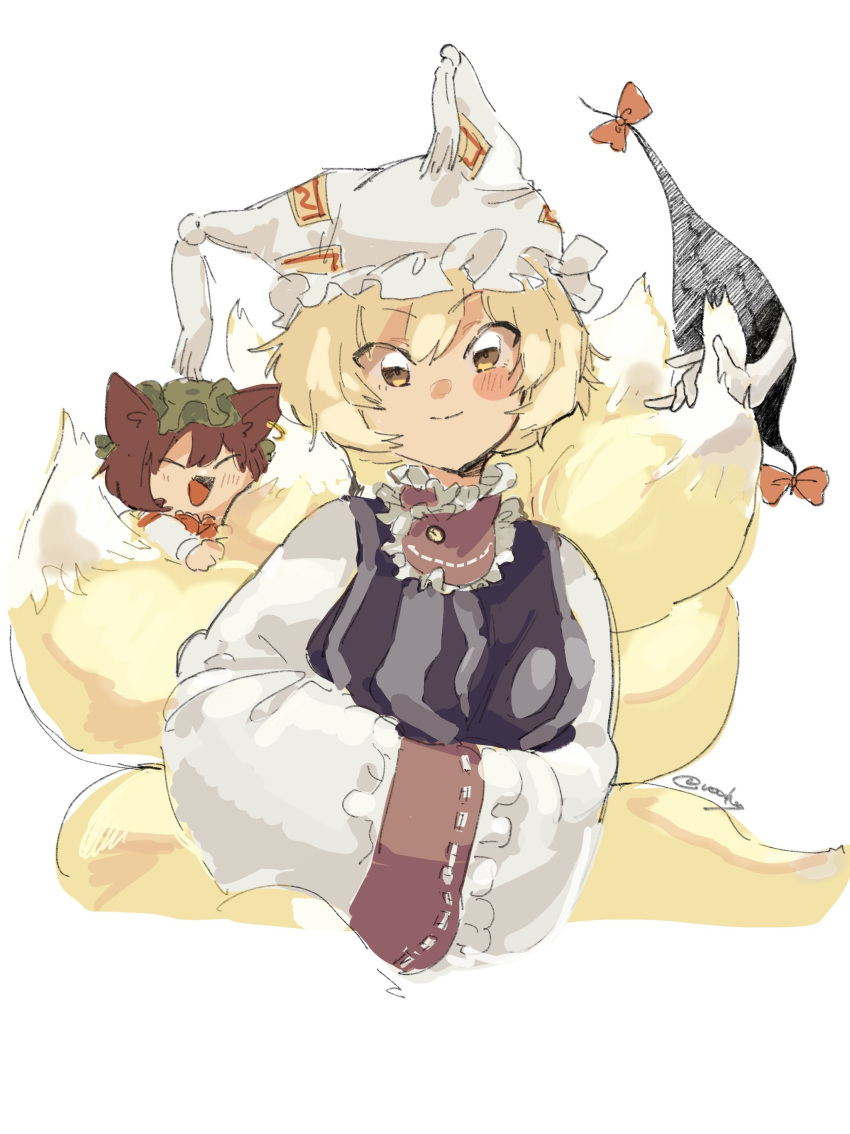 3girls :d absurdres animal_ear_piercing animal_ears arms_up blonde_hair blue_tabard brown_hair cat_ears chen chibi commentary_request cropped_torso earrings fox_ears fox_tail gap_(touhou) green_headwear hands_in_opposite_sleeves happy hat highres jewelry long_sleeves looking_at_viewer mob_cap multiple_girls multiple_tails open_mouth short_hair signature simple_background single_earring smile tabard tail tail_grab tassel touhou upper_body voal white_background white_headwear wide_sleeves yakumo_ran yakumo_yukari yellow_eyes