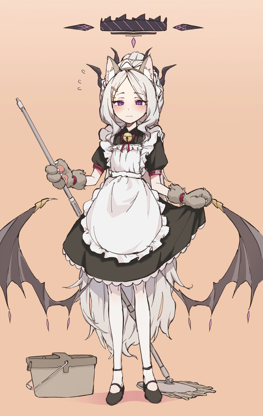 1girl aabus absurdres alternate_costume animal_ears animal_hands apron bell black_dress black_footwear black_halo black_horns black_wings blue_archive blush brown_background bucket cat_ears closed_mouth commentary demon_horns demon_wings dress fake_animal_ears flying_sweatdrops frilled_apron frills full_body gloves hair_ornament hairclip halo highres hina_(blue_archive) holding holding_staff horns long_hair looking_at_viewer low_wings maid_apron maid_headdress mixed-language_commentary neck_bell nervous parted_bangs paw_gloves ponytail puffy_short_sleeves puffy_sleeves short_sleeves simple_background skirt_hold solo staff very_long_hair violet_eyes wavy_hair white_apron white_hair wings
