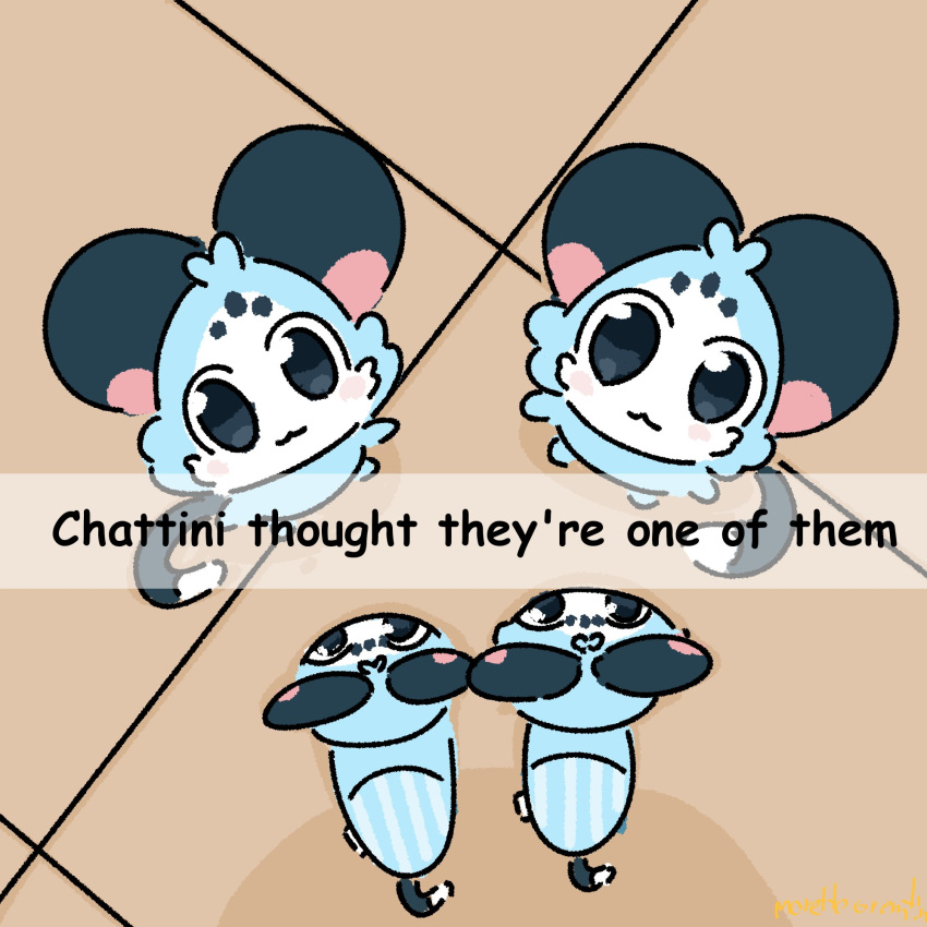 :3 animal_slippers black_eyes blue_fur blush chattino_(raora_panthera) closed_mouth commentary creature english_commentary english_text from_above highres hololive large_ears looking_at_viewer looking_up morettegino out_of_frame raora_panthera shadow signature slippers tile_floor tiles