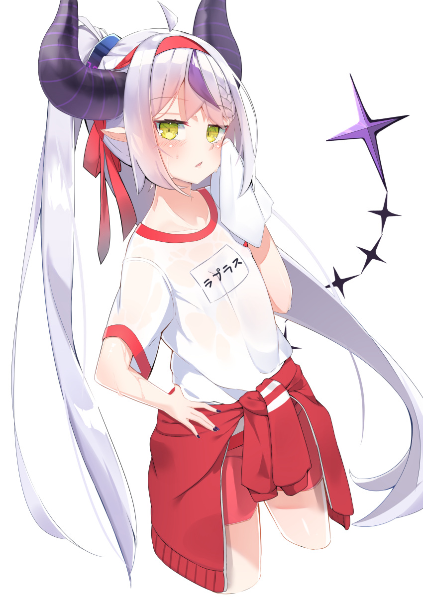 1girl absurdres ahoge black_horns braid braided_bangs clothes_around_waist grey_hair gym_uniform highres hololive horns kamaboko_(kmm15a) la+_darknesss multicolored_hair pointy_ears ponytail purple_hair solo streaked_hair striped_horns sweater sweater_around_waist towel virtual_youtuber yellow_eyes