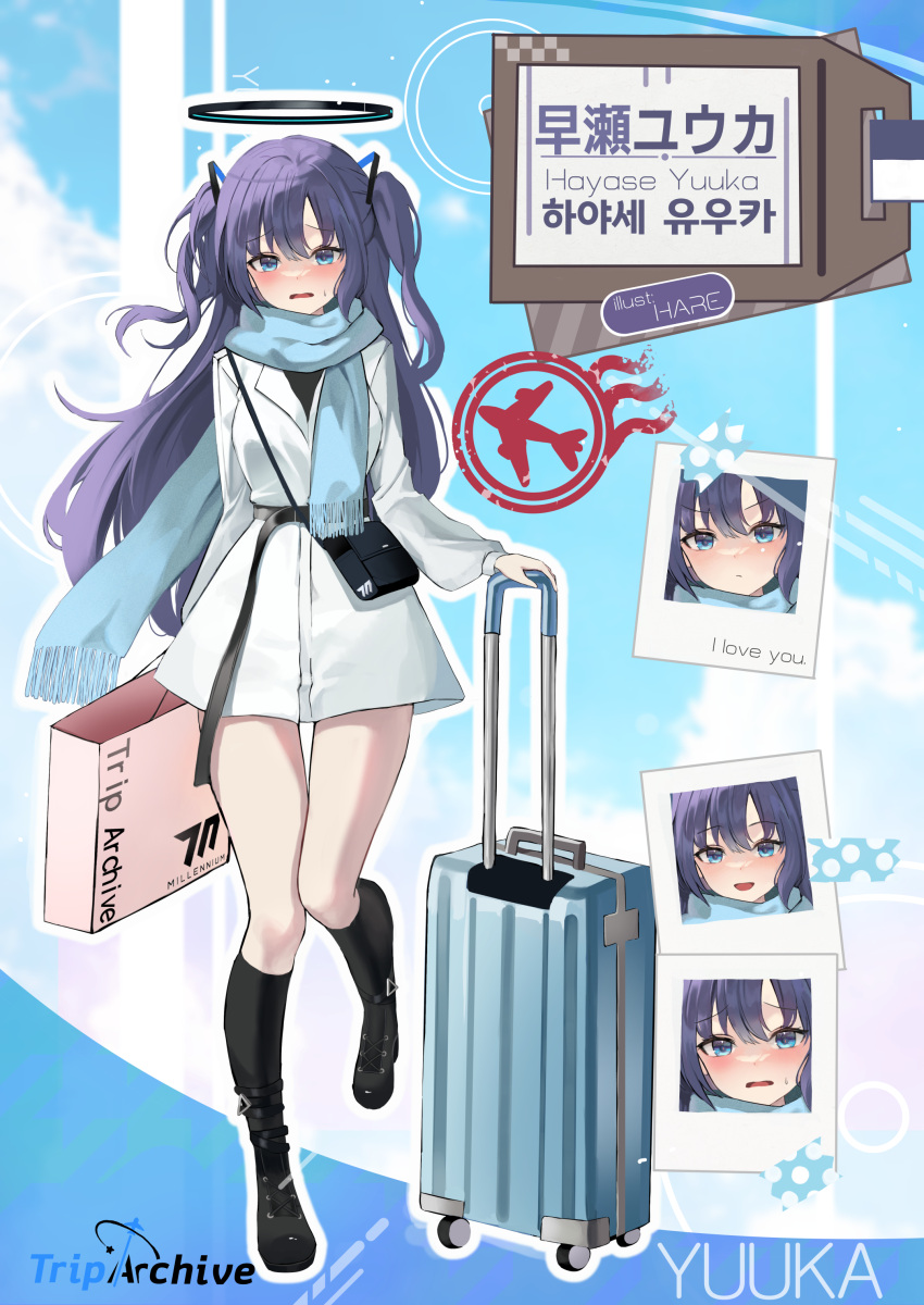 1girl absurdres alternate_costume artist_name bag black_footwear black_socks blue_archive blue_eyes blue_scarf blush breasts character_name chie_(user_snfh8333) coat fringe_trim full_body halo highres long_hair long_sleeves mechanical_halo medium_breasts multiple_views open_mouth purple_hair scarf shoes shopping_bag shoulder_bag socks suitcase two_side_up white_coat yuuka_(blue_archive)
