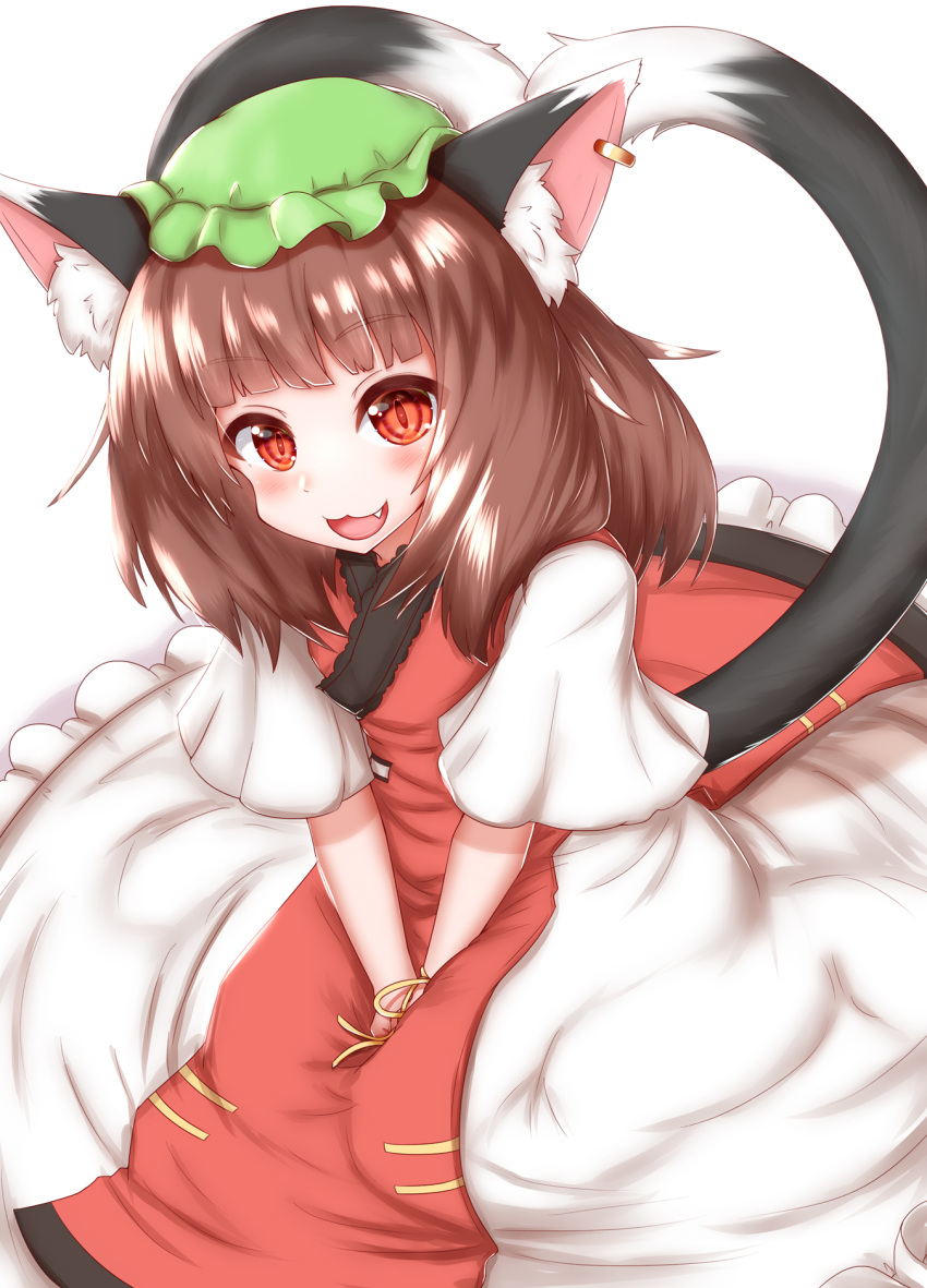 1girl :3 :d animal_ear_fluff animal_ear_piercing animal_ears blush cat_ears cat_tail chen commentary_request dress earrings fang foul_detective_satori from_above green_headwear hands_on_lap hat heart heart_tail highres horokusa_(korai) jewelry long_hair looking_at_viewer mob_cap multiple_tails nekomata open_mouth red_dress red_eyes short_sleeves single_earring sitting smile solo tail touhou two_tails v_arms wariza
