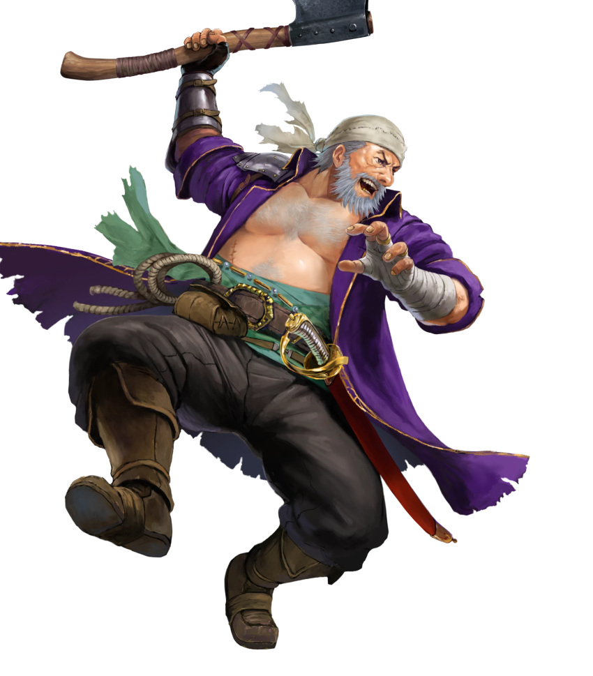 1boy axe bandana beard brown_footwear coat facial_hair fargus_(fire_emblem) fire_emblem fire_emblem:_the_blazing_blade fire_emblem_heroes highres holding holding_axe no_shirt non-web_source official_art old old_man purple_coat solo