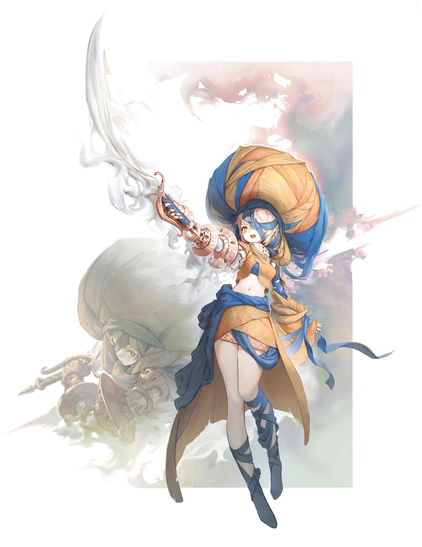 1girl 723_chfhrqur absurdres blonde_hair earrings full_body gauntlets highres holding holding_sword holding_weapon hoop_earrings jewelry looking_at_viewer midriff navel original single_gauntlet smoke solo sword turban waist_cape weapon yellow_eyes