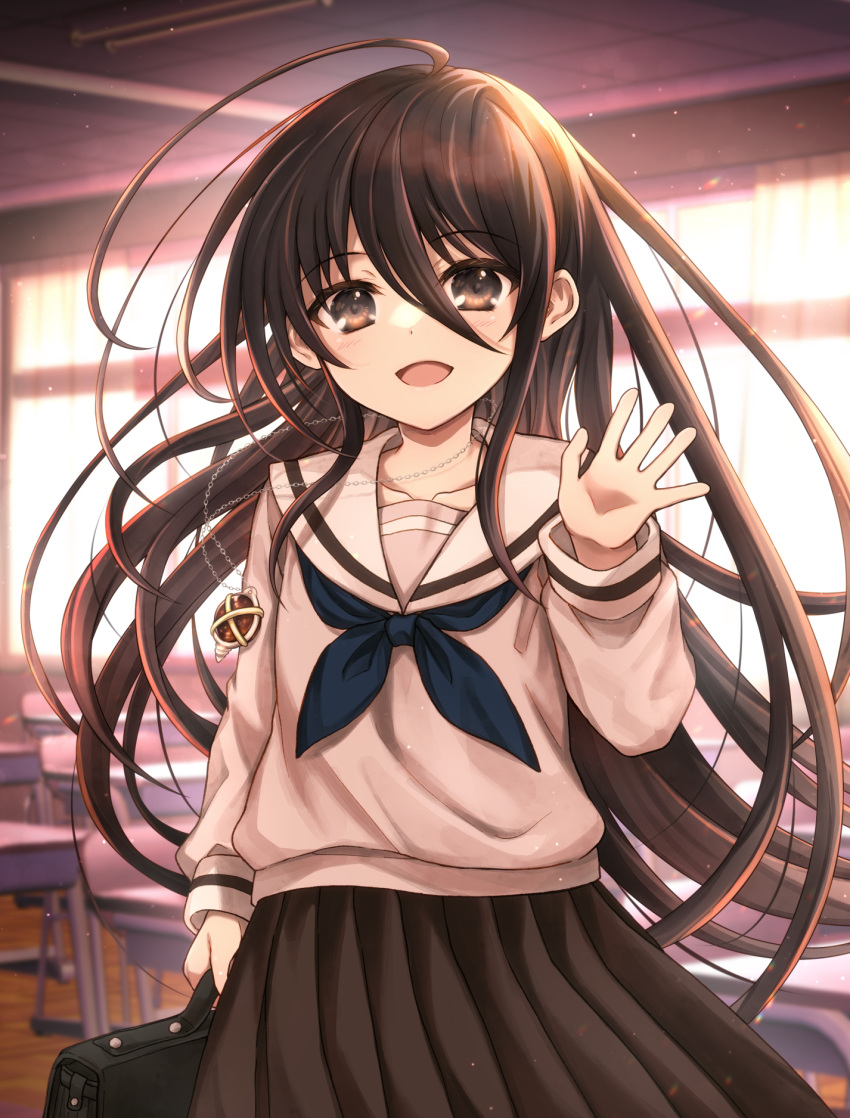 1girl :d blue_neckerchief blurry blurry_background blush briefcase brown_eyes brown_hair brown_skirt chair collarbone commentary_request curtains day depth_of_field desk hair_between_eyes hand_up highres holding indoors long_sleeves looking_at_viewer neckerchief pleated_skirt puffy_long_sleeves puffy_sleeves sailor_collar school_briefcase school_chair school_desk shakugan_no_shana shana shirt skirt smile solo sunlight tachitsu_teto transparent white_sailor_collar white_shirt window
