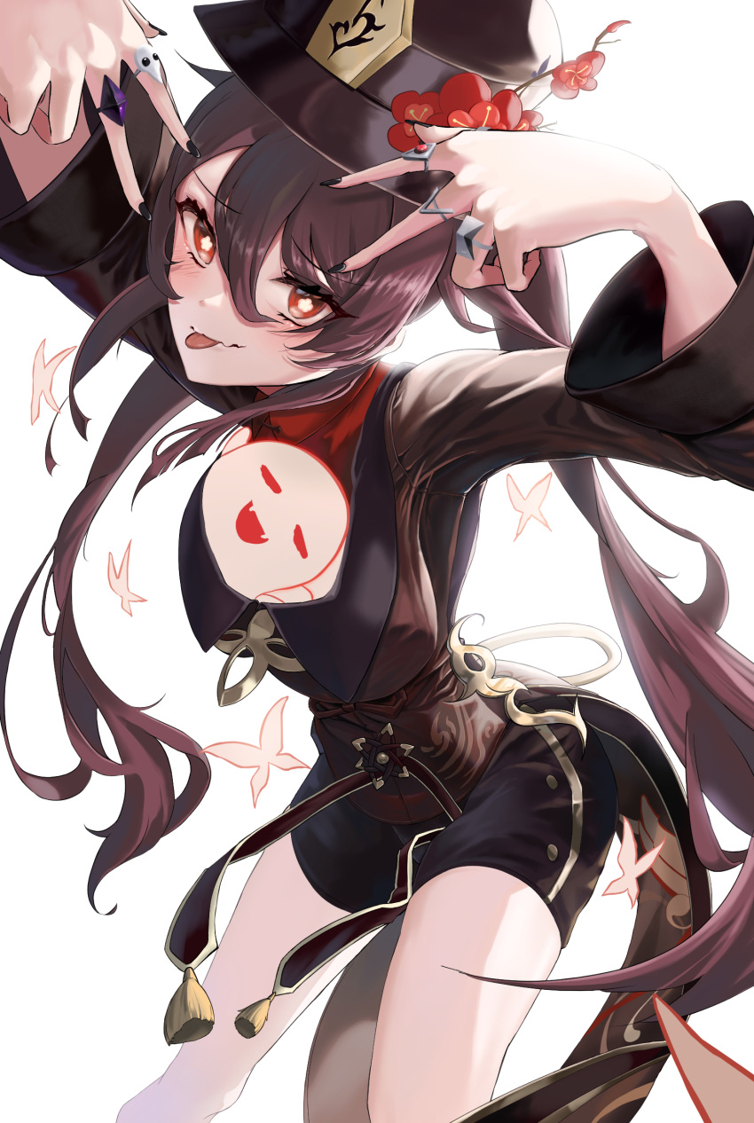 1girl black_headwear black_nails black_shorts blush brown_hair bug butterfly chinese_clothes coattails collared_coat emma_0215 flower flower-shaped_pupils genshin_impact ghost hair_between_eyes hat hat_flower highres hu_tao_(genshin_impact) jewelry long_hair long_sleeves looking_at_viewer multiple_rings porkpie_hat red_eyes ring shorts simple_background smile solo symbol-shaped_pupils tailcoat tongue tongue_out twintails very_long_hair white_background