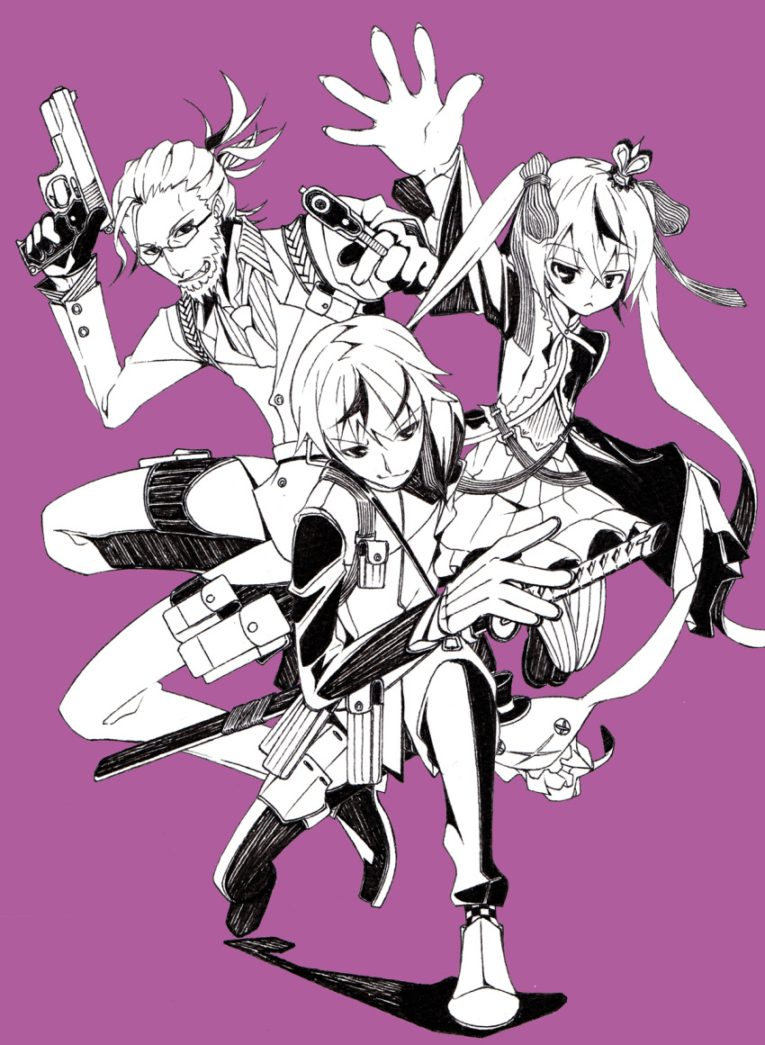 1girl 2boys 7th_dragon_(series) 7th_dragon_2020 :&lt; arm_up bow chest_harness closed_mouth commentary_request crown dual_wielding fighting_stance full_body glasses gloves greyscale_with_colored_background grin gun hacker_(7th_dragon) hair_bow hands_up harness high_ponytail highres holding holding_gun holding_stuffed_toy holding_weapon holster long_hair mini_crown multiple_boys nagatsuki_(nyagatsuki) necktie pantyhose purple_background samurai_(7th_dragon_series) sheath sheathed shirt short_hair simple_background smile striped striped_pantyhose striped_shirt stuffed_animal stuffed_toy thigh_holster trickster_(7th_dragon) twintails vertical-striped_pantyhose vertical-striped_shirt vertical_stripes weapon