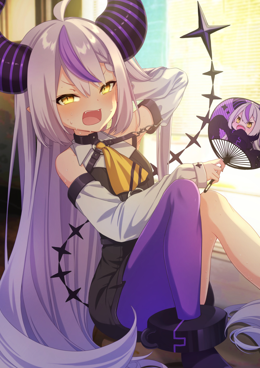 absurdres ahoge bare_shoulders black_horns braid braided_bangs detached_sleeves grey_hair hand_fan highres holding holding_fan hololive horns hot la+_darknesss mamdtsubu multicolored_hair pointy_ears purple_hair purple_thighhighs single_thighhigh streaked_hair striped_horns sweat thigh-highs yellow_eyes