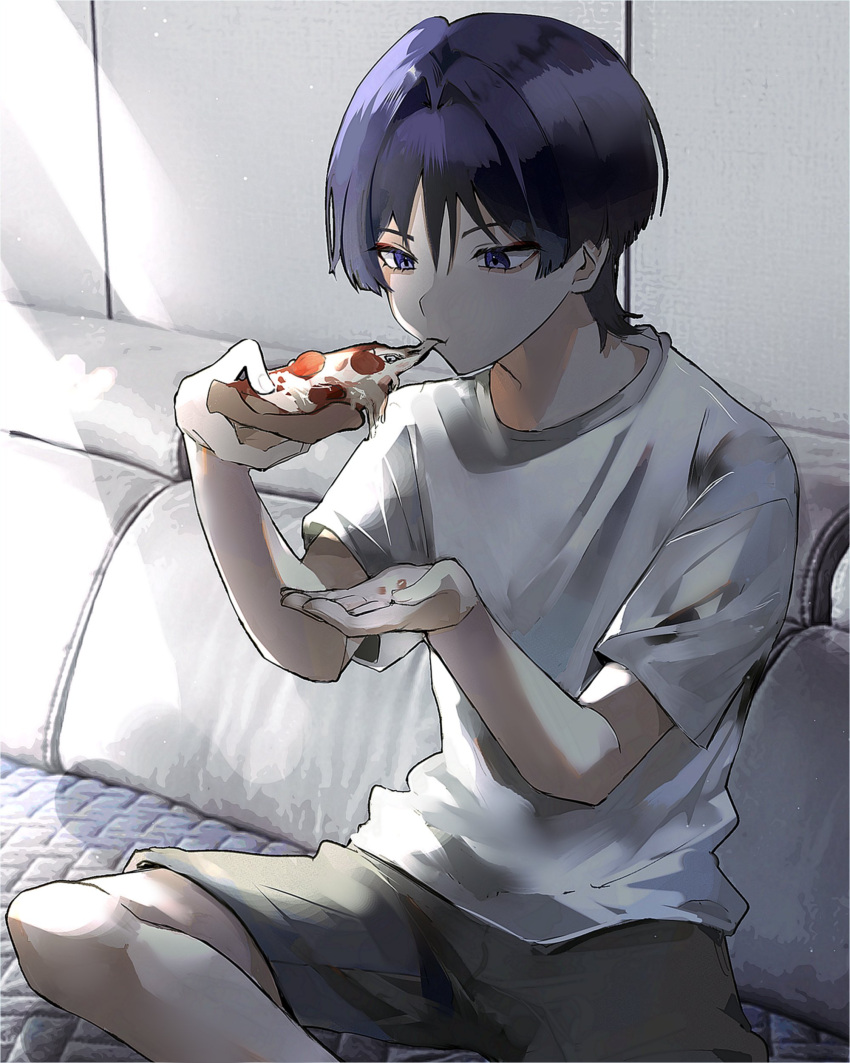 1boy absurdres alternate_costume black_hair cheese_trail commentary couch eating food genshin_impact grey_shorts hair_between_eyes highres holding holding_food holding_pizza ike_0910 indoors male_focus pizza pizza_slice purple_hair scaramouche_(genshin_impact) shirt short_sleeves shorts sitting solo symbol-only_commentary violet_eyes white_shirt
