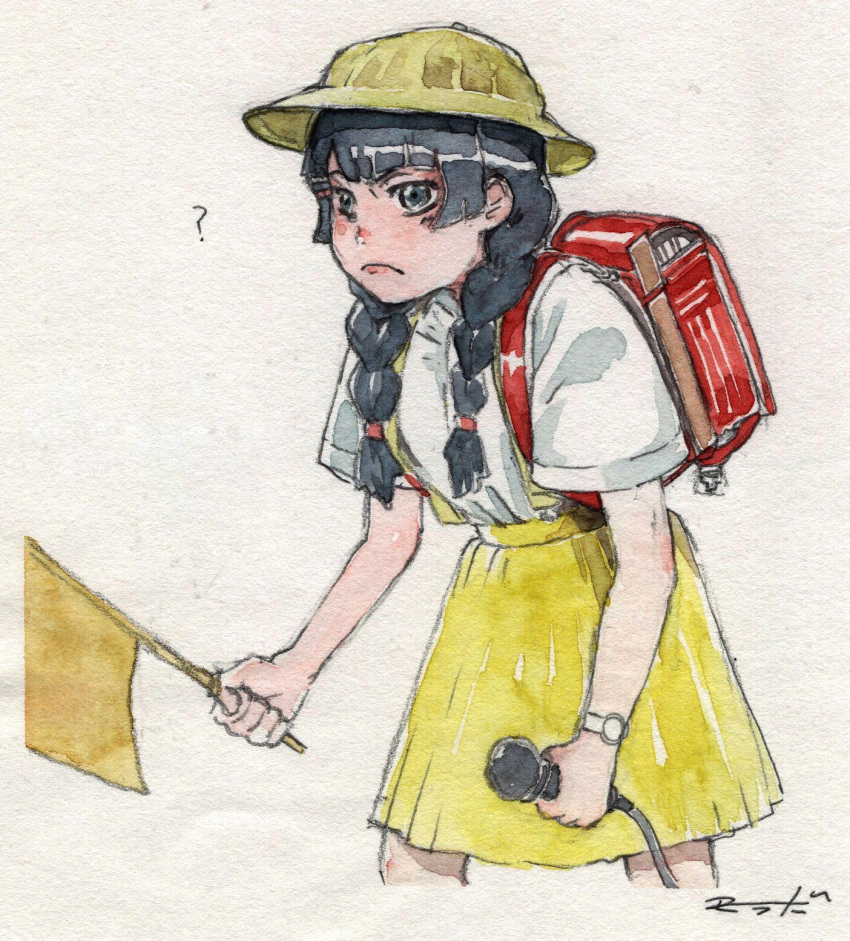 1girl ? backpack bag black_eyes black_hair braid closed_mouth commentary cosplay cropped_legs flag frown hair_over_shoulder hat highres holding holding_flag holding_microphone hunched_over long_hair looking_at_viewer low_twin_braids microphone mokobo_(motbtkt) nijisanji painting_(medium) randoseru red_bag school_hat signature simple_background skirt solo suspender_skirt suspenders symbol-only_commentary togawa_jun togawa_jun_(cosplay) traditional_media tsukino_mito twin_braids v-shaped_eyebrows virtual_youtuber watch watch watercolor_(medium) yellow_headwear yellow_skirt