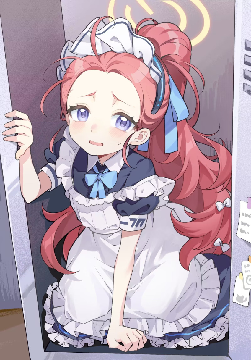 1girl apron black_dress blue_archive blush bow dress forehead frilled_apron frilled_dress frills hair_bow halo highres in_locker long_hair looking_at_viewer maid maid_apron maid_headdress ningmeng_yanshui official_alternate_costume open_mouth puffy_short_sleeves puffy_sleeves redhead short_sleeves solo violet_eyes white_apron yellow_halo yuzu_(blue_archive) yuzu_(maid)_(blue_archive)