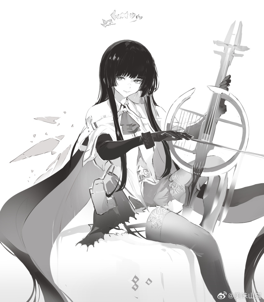 1girl arknights artist_name ascot belt belt_buckle belt_pouch blunt_bangs bow_(music) broken_halo buckle bustier cello chinese_commentary chinese_text collared_jacket colored_inner_hair commentary_request dark_halo detached_wings energy_wings eyelashes from_side garter_straps gloves greyscale halo hands_up highres hime_cut holding holding_bow_(music) holding_instrument holding_violin instrument invisible_chair jacket knee_up koio layered_sleeves light_smile lips long_hair long_sleeves looking_at_viewer miniskirt mole mole_under_eye monochrome multicolored_hair music outstretched_hand playing playing_instrument pouch shade shirt short_over_long_sleeves short_sleeved_jacket short_sleeves sidelocks simple_background sitting sketch skirt solo thigh-highs two-tone_hair very_long_hair violin virtuosa_(arknights) watermark weibo_logo weibo_username wide_sleeves wing_collar wings zettai_ryouiki
