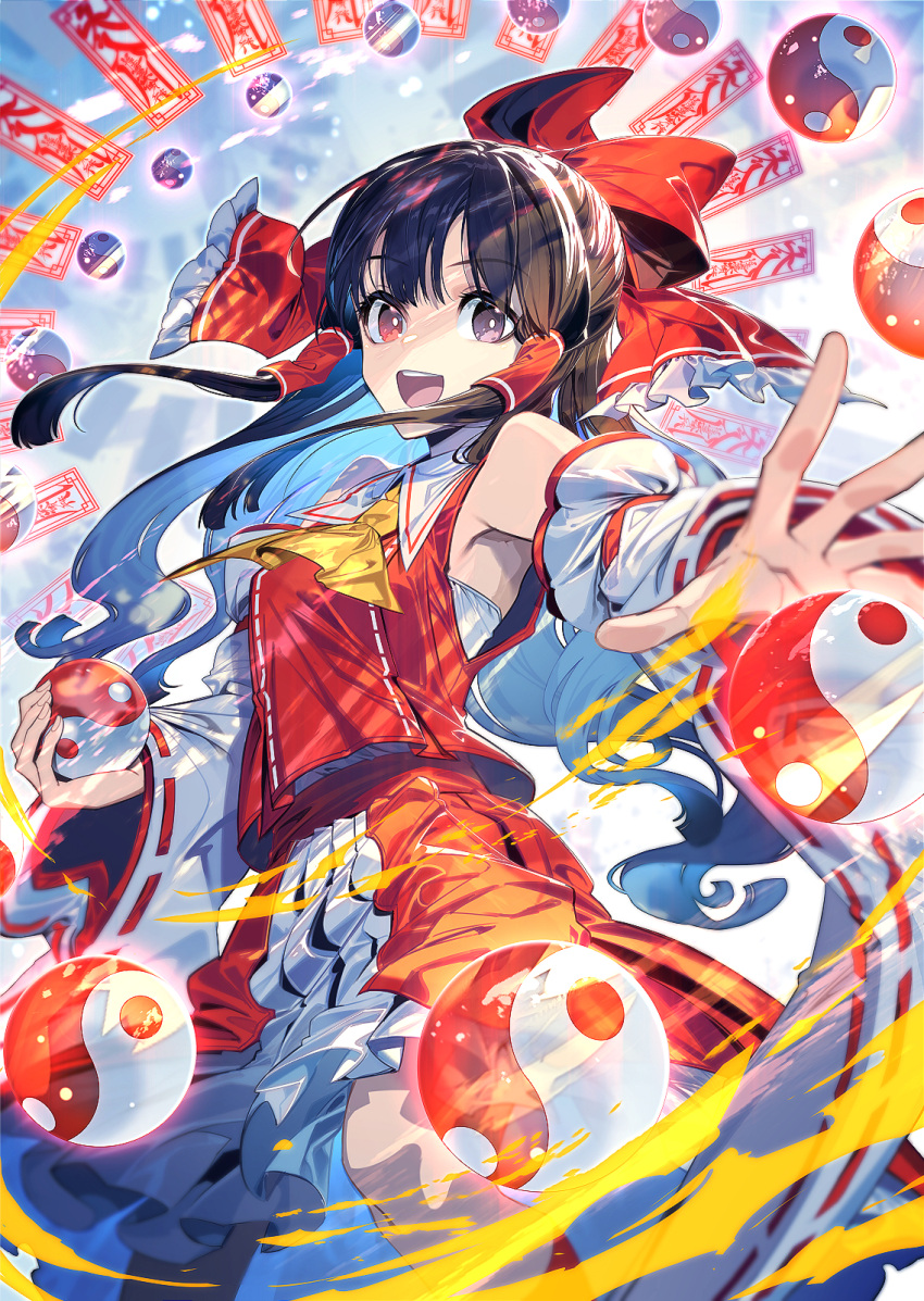 1girl ascot bare_shoulders black_hair bow brown_eyes detached_sleeves feet_out_of_frame frilled_skirt frills hair_bow hair_tubes hakurei_reimu heterochromia highres japanese_clothes long_hair looking_at_viewer nontraditional_miko ofuda open_mouth orb red_bow red_eyes red_skirt ribbon-trimmed_sleeves ribbon_trim sidelocks skirt smile solo teeth touhou upper_teeth_only white_sleeves wide_sleeves yellow_ascot yin_yang yin_yang_orb zounose