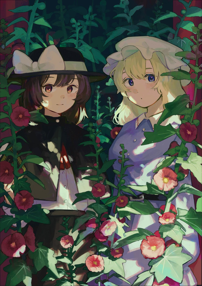 2girls belt black_capelet black_headwear black_skirt blonde_hair bow brown_eyes brown_hair capelet closed_mouth collared_dress commentary_request cowboy_shot dot_mouth dress flower hat hat_bow highres long_hair long_sleeves looking_at_viewer maribel_hearn mob_cap multiple_girls mushiao plant purple_dress red_flower red_ribbon ribbon shirt skirt solo touhou usami_renko violet_eyes white_bow white_headwear white_shirt