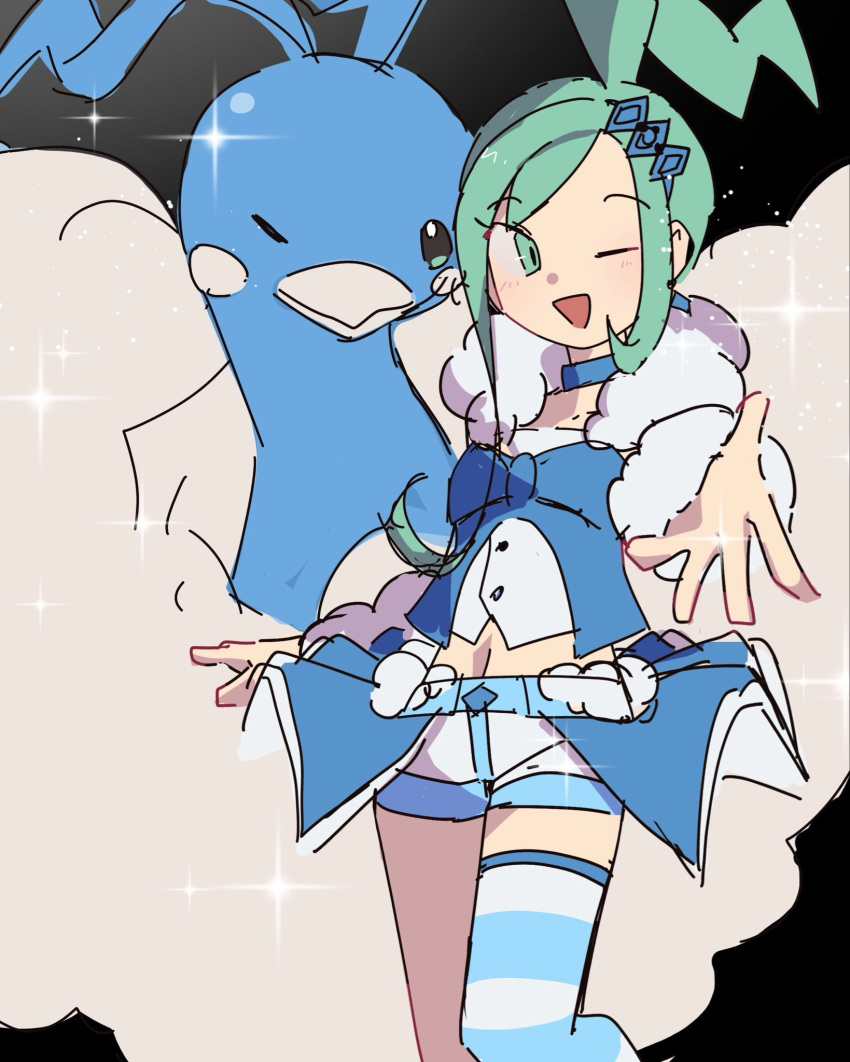 ;d altaria arm_warmers blue_choker choker earrings green_eyes green_hair high_ponytail highres jewelry lisia_(pokemon) midriff one_eye_closed open_mouth pokemon pokemon_(creature) pokemon_omega_ruby_and_alpha_sapphire ponytail short_shorts shorts single_thighhigh smile striped_clothes striped_thighhighs thigh-highs tnm_ilu white_arm_warmers white_shorts