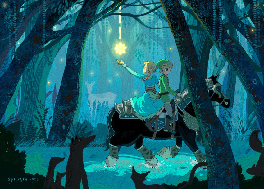 1boy 1girl animal ascot bag barding blonde_hair blue_dress boots deer dress feleven fern forest green_tunic hat highres horse horseback_riding link looking_back nature open_mouth orange_ascot outstretched_arm plant pointy_ears pointy_hat princess_zelda puddle riding satchel short_hair star_fragment_(zelda) the_legend_of_zelda the_legend_of_zelda:_breath_of_the_wild the_legend_of_zelda:_tears_of_the_kingdom tree tunic vines