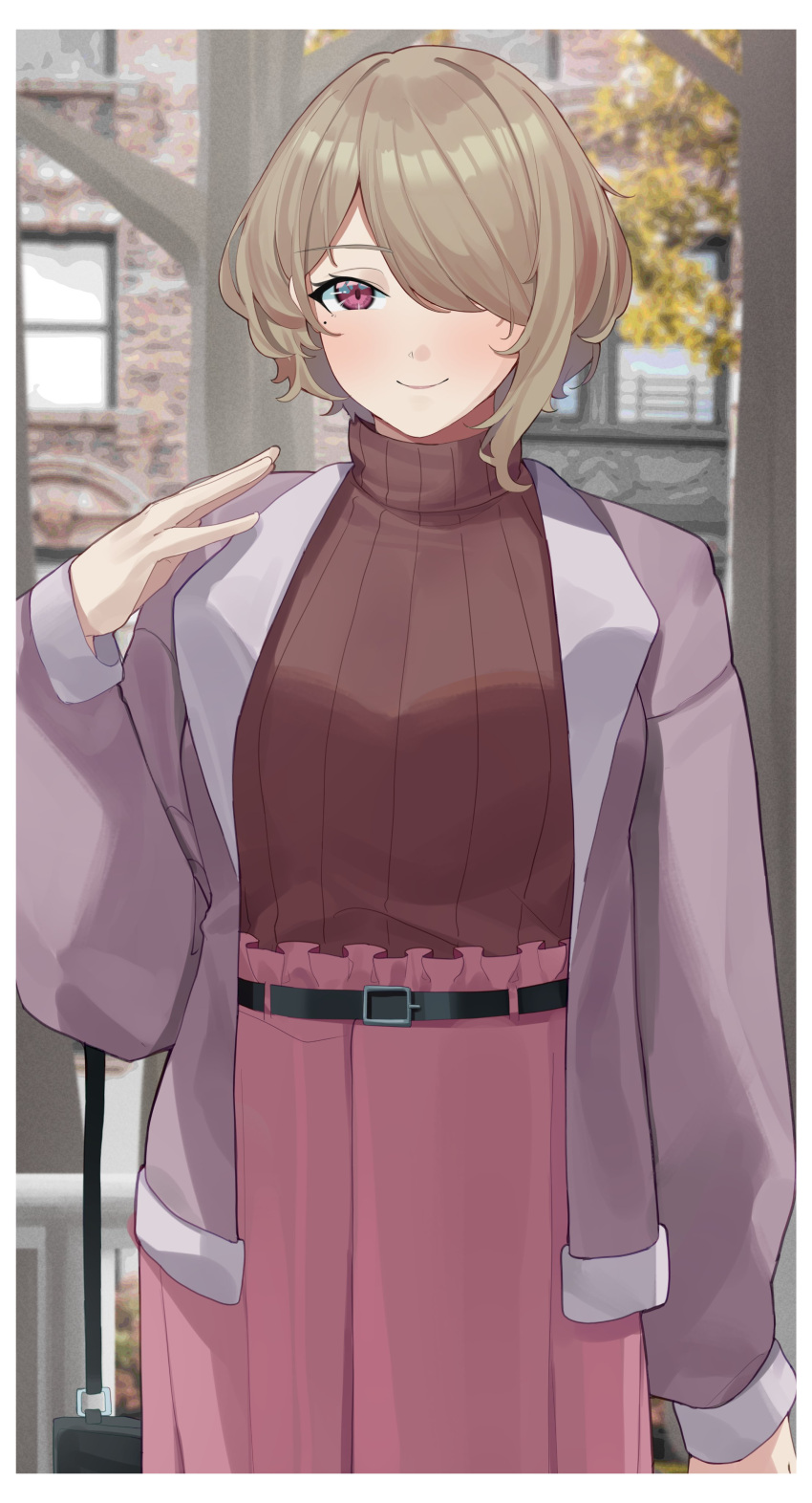 1girl absurdres bag belt belt_buckle black_belt blush brown_hair brown_jacket brown_sweater buckle closed_mouth commentary haerge hair_over_one_eye hand_up highres honkai_(series) honkai_impact_3rd jacket long_sleeves looking_at_viewer mole mole_under_eye open_clothes open_jacket pink_skirt puffy_long_sleeves puffy_sleeves red_eyes ribbed_sweater rita_rossweisse short_hair shoulder_bag skirt sleeves_past_wrists smile solo sweater tree turtleneck turtleneck_sweater window
